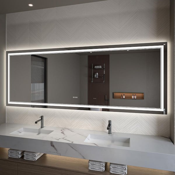96 in. W x 36 in. H Rectangular Frameless Fog Free Dimmable Silver Wall Mount LED Lighted Bathroom Vanity Mirror