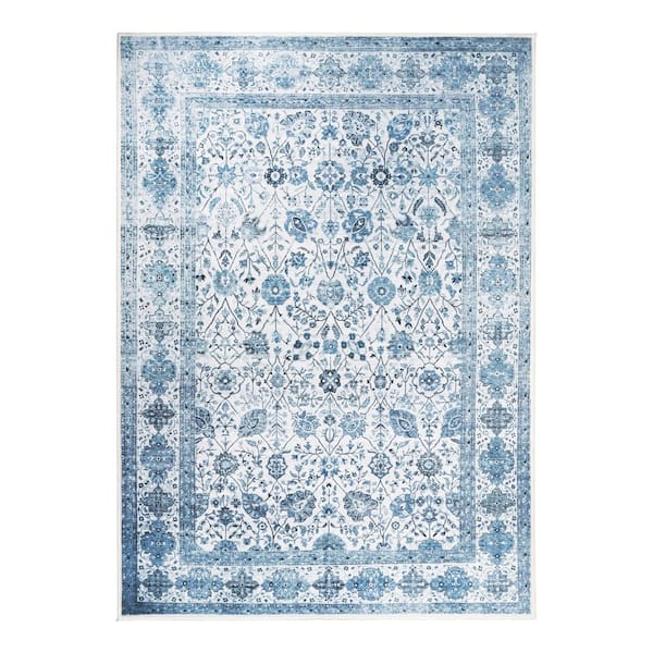 Lerik Blue/Off White Washable Rug 5 ft. x 7 ft. Area Rug