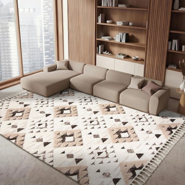 Moroccan Tassel Shag 12 ft. x 12 ft. Square Ivory/Brown High-Low Geometric Fringe Area Rug