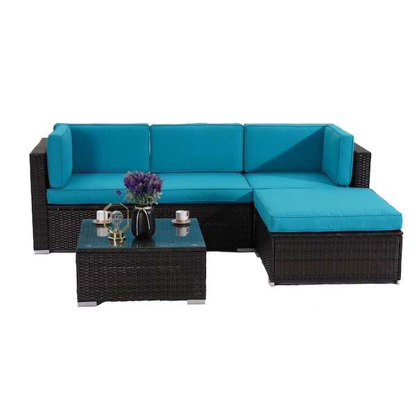 Unbranded 5-Piece Wicker Outdoor Sectional Sofa Set with Light Blue Cushions