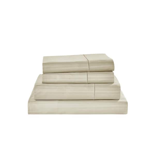 Kathy Ireland Damask Stripe 4-Piece Beige Cotton Queen Sheet Set