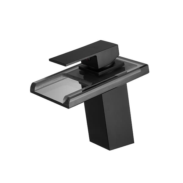 FLG Single Handle Single Hole Bathroom Faucet with LED Light Brass Sink Basin Taps with Waterfall Glass Spout in Matte Black