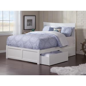 Metro White Full Solid Wood Storage Platform Bed with Flat Panel Foot Board and 2 Bed Drawers