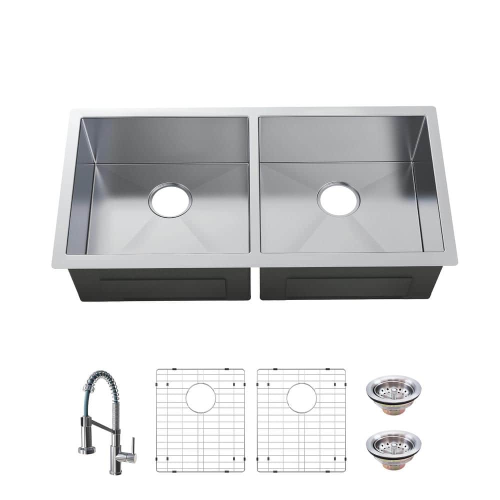 Glacier Bay All-in-One Zero Radius Undermount 16G Stainless Steel 36 in. 50/50 Double Bowl Kitchen Sink with Spring Neck Faucet, Silver