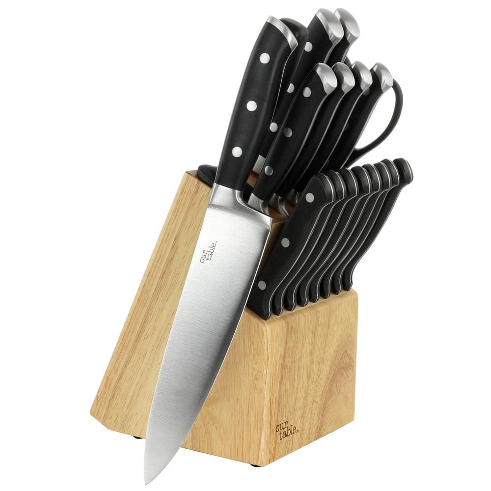   Basics 18-Piece Premium Kitchen High-Carbon Stainless  Steel Blades with Pine Wood Knife Block Set, Black: Home & Kitchen