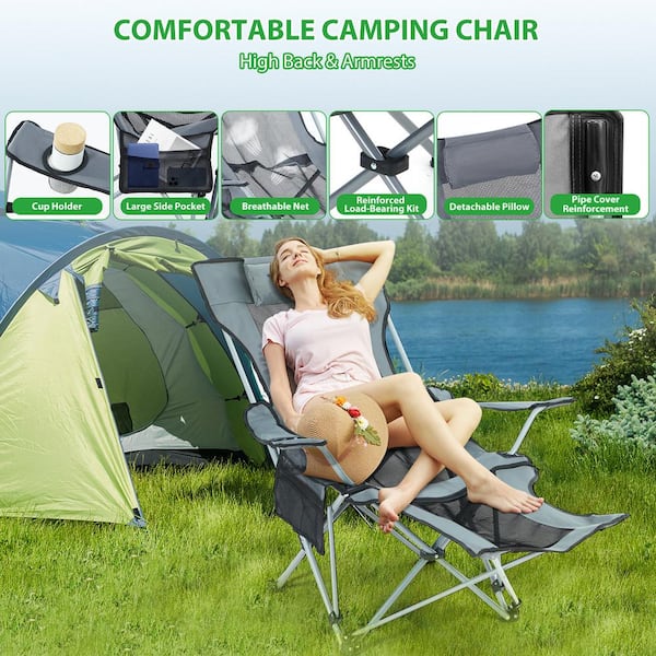 Camping Chair Lounge Chair Reclining Camping Chair Grey with Removable Footrest Cup Holder Carry Bag