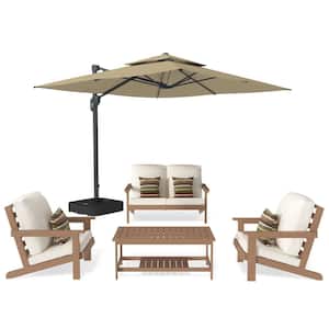 5-Piece Patio Conversation Set HIPS Plastic Lounge Chairs Coffee Table with Outdoor Cantilever Umbrella and Cushions