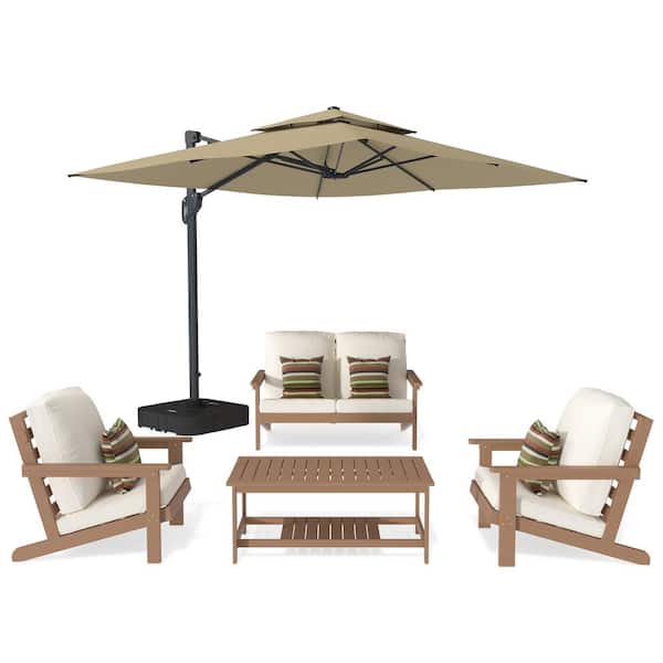 Mondawe 5-Piece Patio Conversation Set HIPS Plastic Lounge Chairs Coffee Table with Outdoor Cantilever Umbrella and Cushions