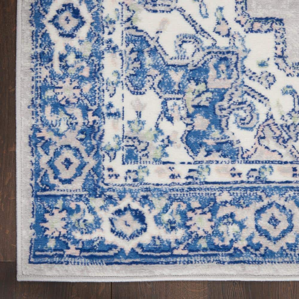 Grey Blue Floral Synthetic Runner Rug 2' x 6'