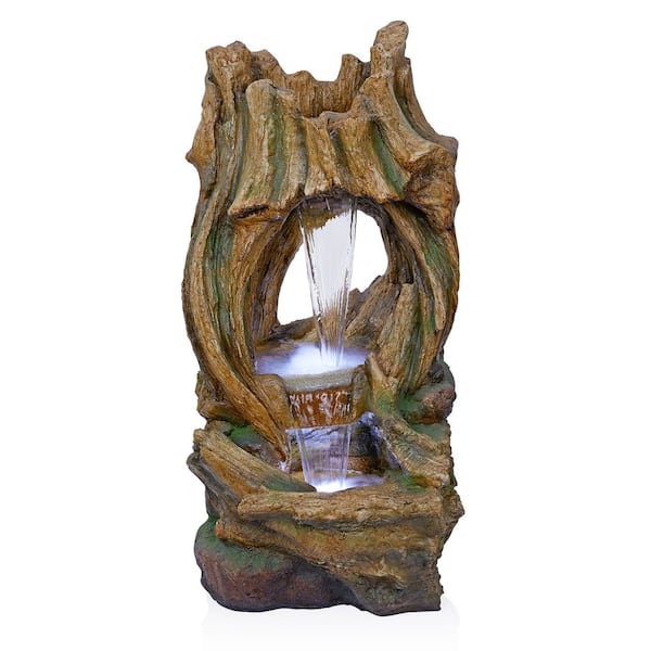 Alpine Corporation 40 in. Tall Open Tree Trunk Waterfall Fountain with Cool White LED Lights, Brown