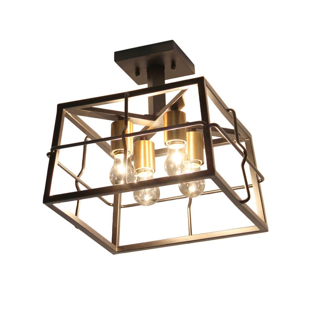 Industrial Black Metal Square Semi Flush Mount Ceiling Fixture with LED Lights