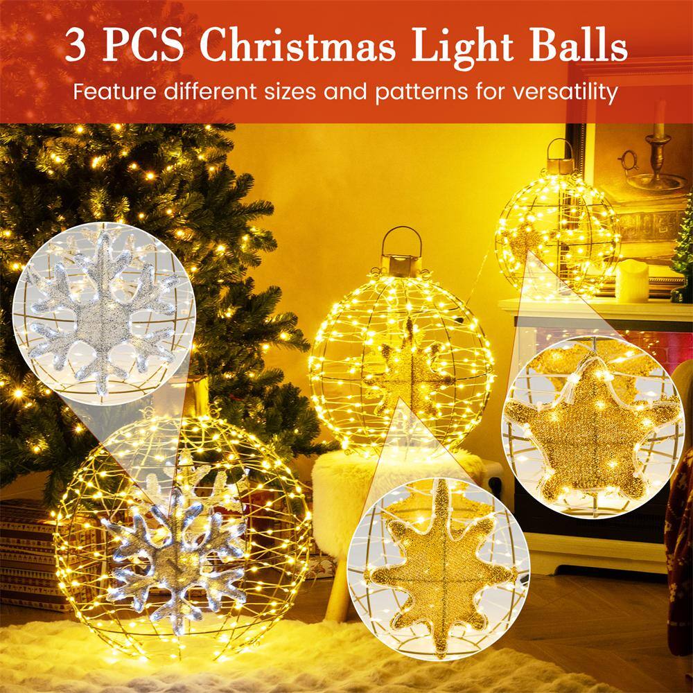 Gold Pre-Lit Christmas Lantern Balls with LED Lights, Set of 3