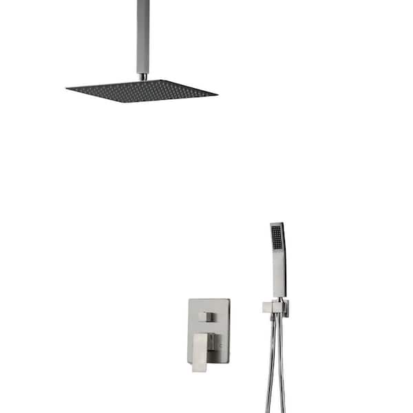 Single Handle 1-Spray 12 in. Ceiling Mount Shower Faucet 1.8 GPM Dual Shower Heads w/Rough-In Valve in Brushed Nickel