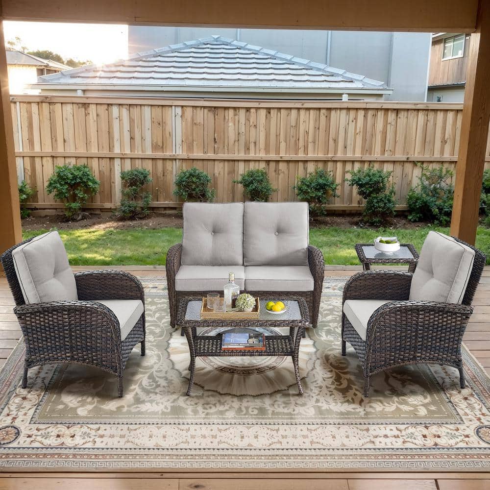 Brown 5-Piece Wicker Patio Conversation Set with Armchairs, Outdoor Glider Seating Set with Beige Cushions price history on PriceWatchPro