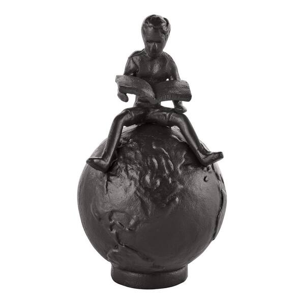 DANYA B Brown Cast Iron Boy Reading on Globe Sculpture - Tabletop 