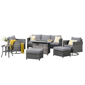 New Star Gray 7-Piece Wicker Patio Rectangle Fire Pit Conversation Set with Dark Gray Cushions and Swivel Chairs