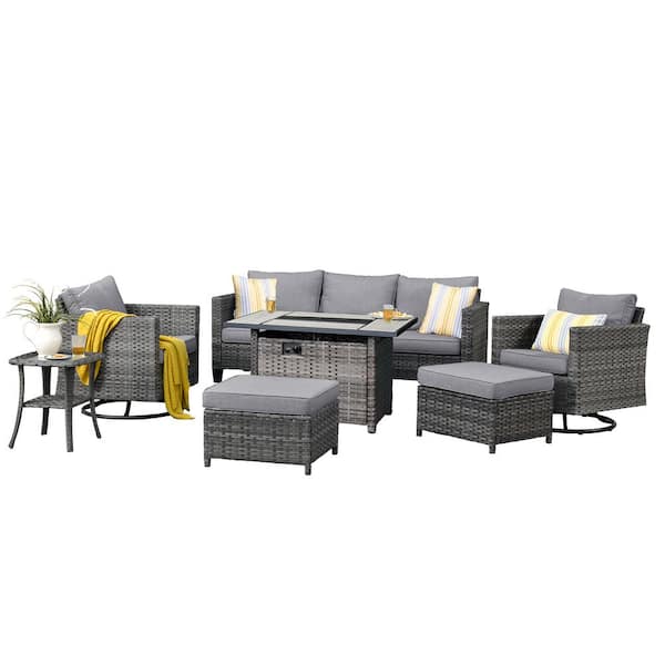 OVIOS New Star Gray 7-Piece Wicker Patio Rectangle Fire Pit Conversation Set with Dark Gray Cushions and Swivel Chairs