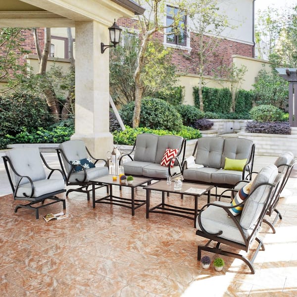 Patio Festival 8-Piece Metal Patio Conversation Set with Gray Cushions