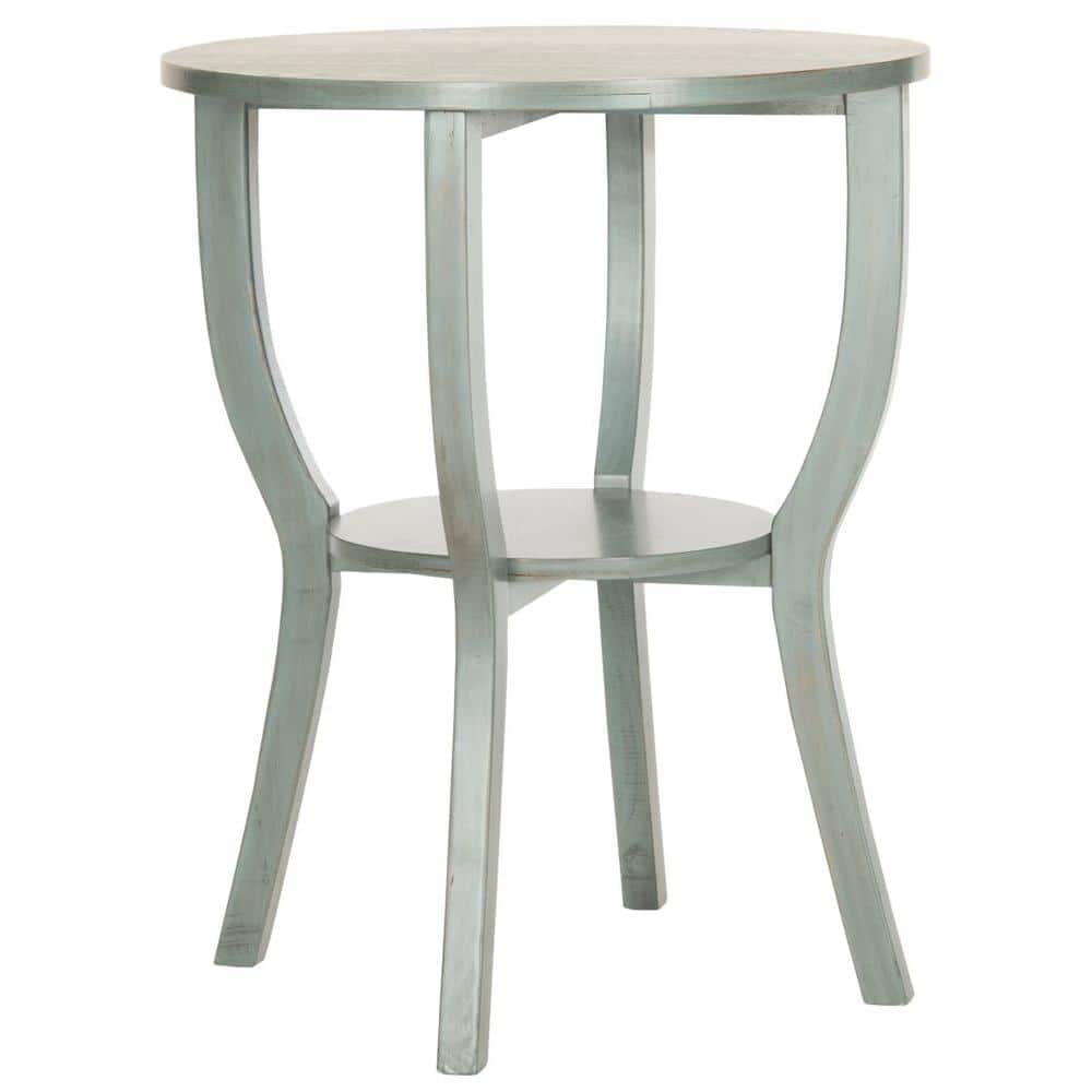 Barn Blue Round Wood Pedestal Accent Table with Shelf