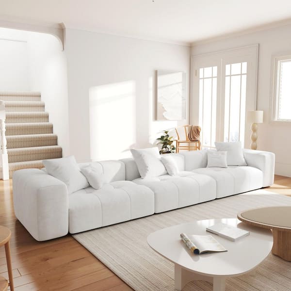 144 in. Oversized Square Arm Linen Rectangle Modular Sectional Sofa 3-Seater in White