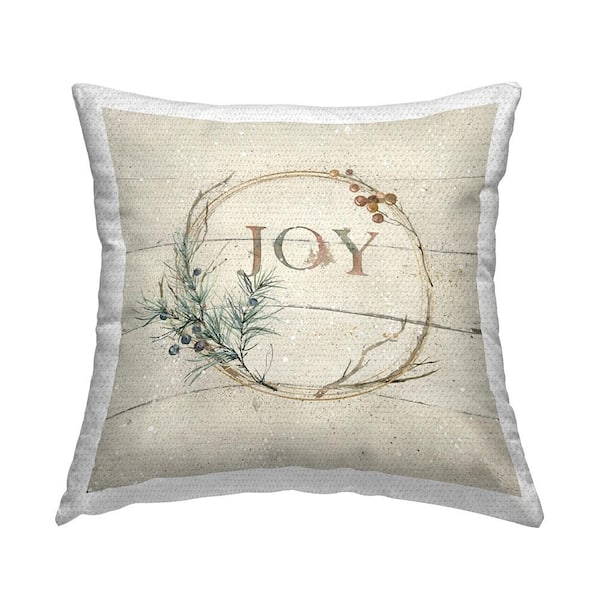 Stupell Industries Joy Typography Seasonal Botanical Sprig Wreath Beige Square Outdoor Throw Pillow