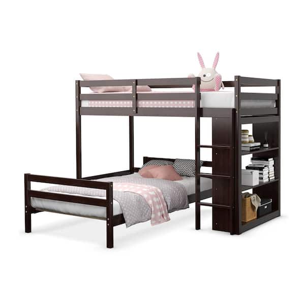 Costway Espresso Wood Twin Loft Bunk Bed w/Bookcase Guardrail Ladder Kids Bedroom