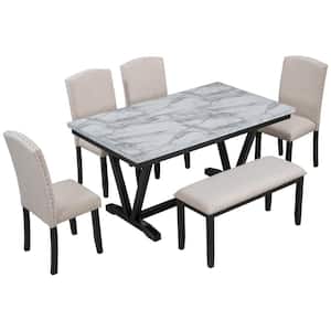 Marble Table 6-Piece Rectangle White Wood Top High Luxury Bar Table Set Dining Room Set Seats 6