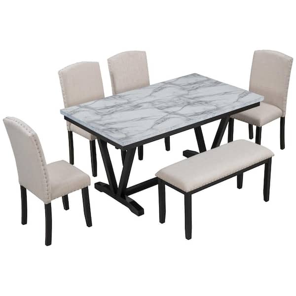 LUCKY ONE Marble Table 6-Piece Rectangle White Wood Top High Luxury Bar Table Set Dining Room Set Seats 6