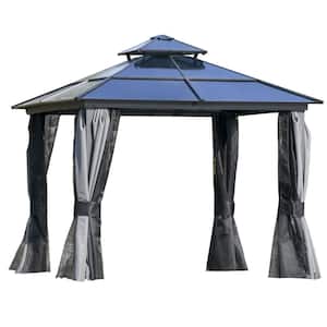 10 ft. x 10 ft. Hardtop Aluminum Gazebo Canopy with Polycarbonate Double Roof with Gray Curtains, Netting for Garden