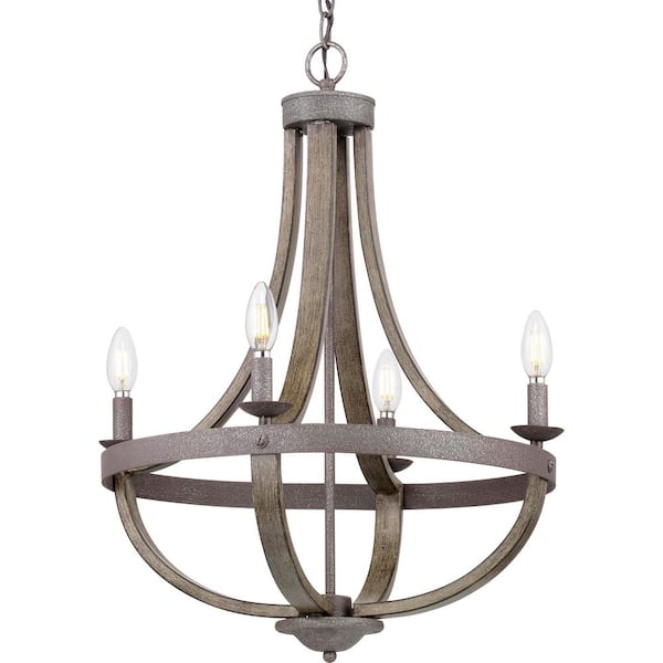 Keowee 21 in. 4-Light Artisan Iron Farmhouse Cage Chandelier with Rustic Distressed Elm Wood Accents