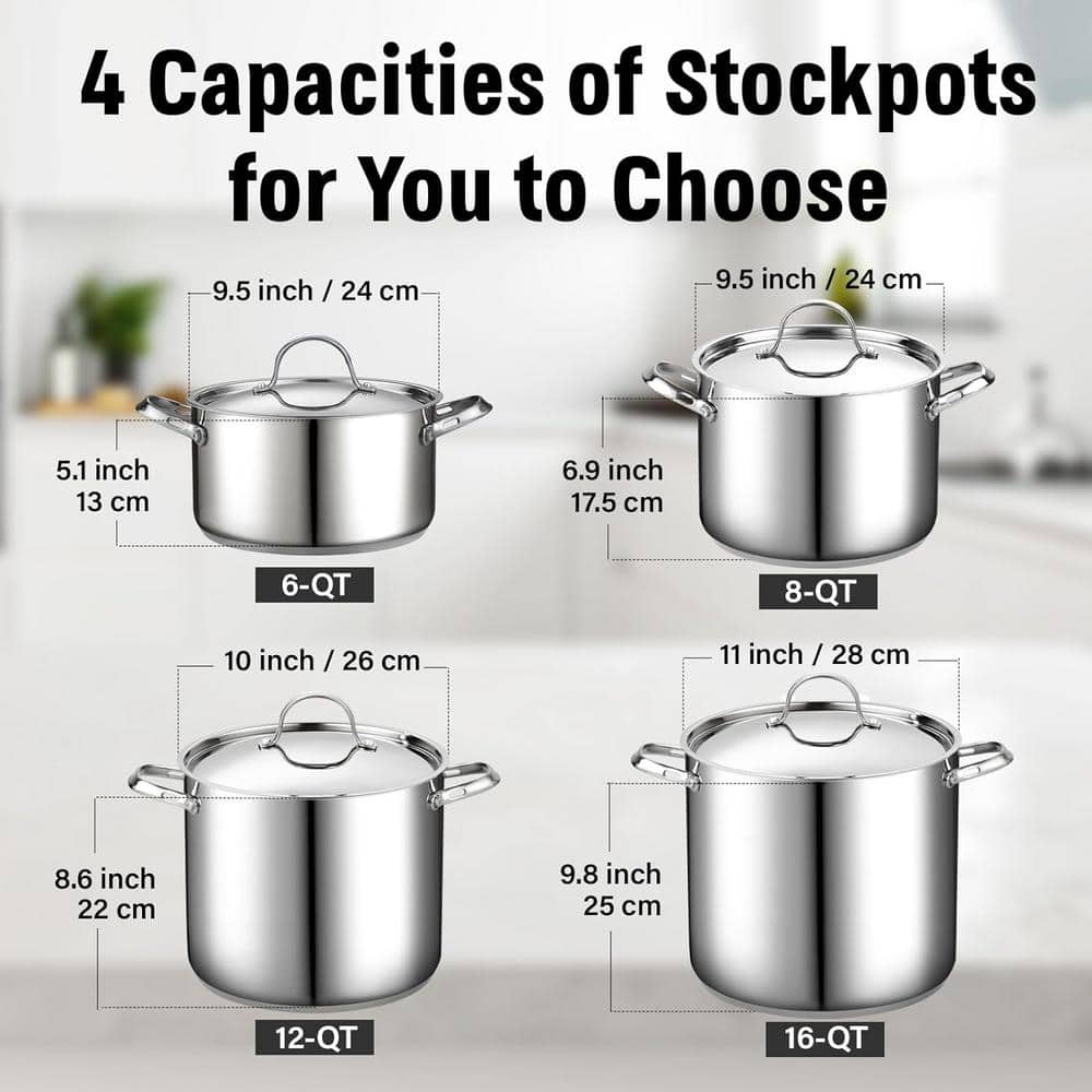 12-Quart Silver Stainless Steel Stockpot with Lid