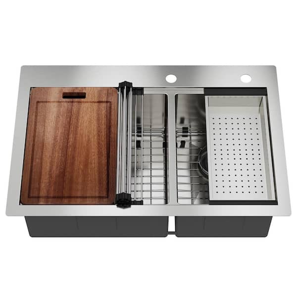 33 in. x 22 in. Topmount Stainless Steel Double Bowl Workstation Kitchen Sink