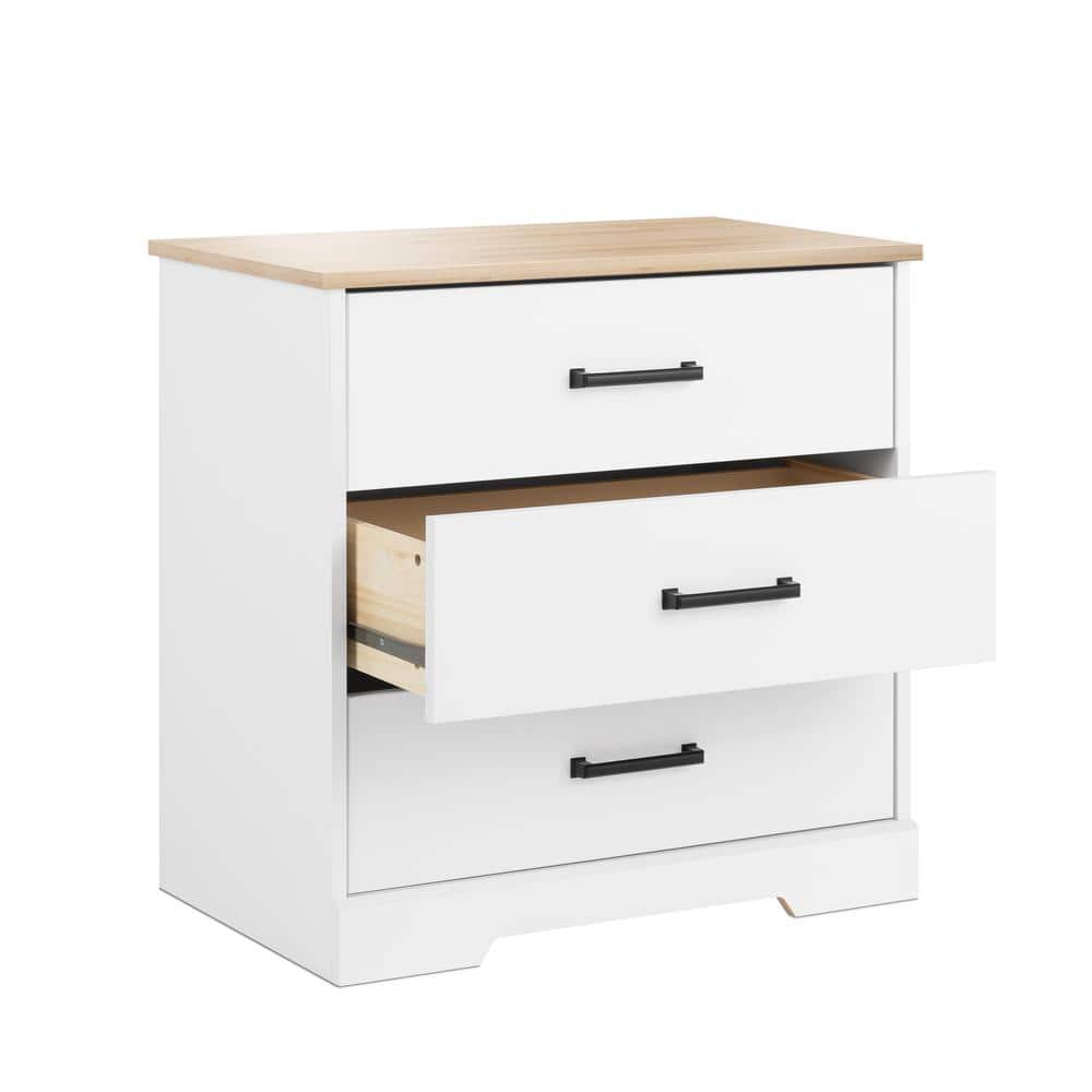 White and Oak 3-Drawer Farmhouse Nightstand