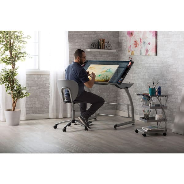 Triflex 35.25 in. W Metal and Glass Craft, Drawing, Drafting Table with Adj. Height and Tilt, Sit or Stand Desk, Silver