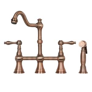 2-Handles Bridge Kitchen Faucet with Side Spray in Antique Copper
