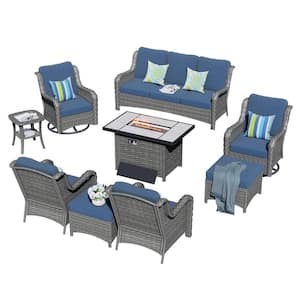 Oreille Gray 9-Piece Wicker Outdoor Patio Conversation Sofa Set with a Rectangle Firepit and Denim Blue Cushions
