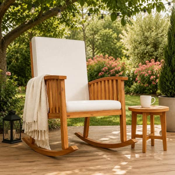 Nestfair Brown Acacia Wood Outdoor Lounge Chair with Ivory Cushion