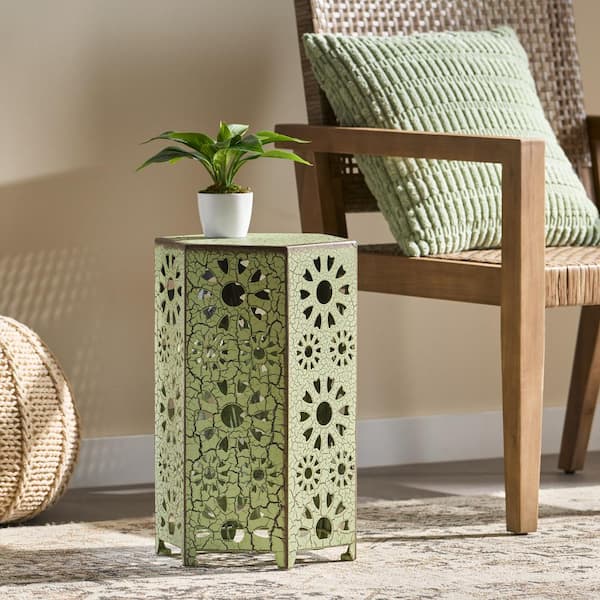 Unbranded Eliana Green Pentagonal Prism Iron Hollow-carved Design Outdoor Accent Side Table.