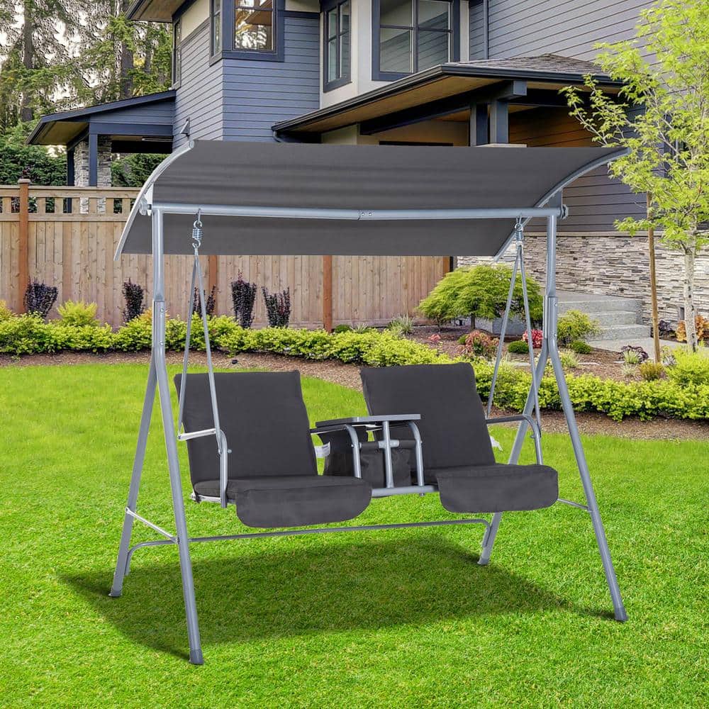 Gray Metal 2-Person Outdoor Swing with Canopy and Cushions