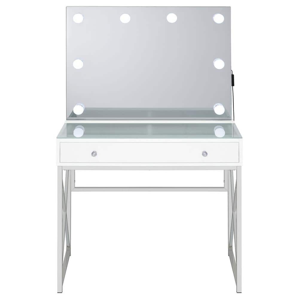 White and Chrome Vanity Set with Lighted Mirror and Bench