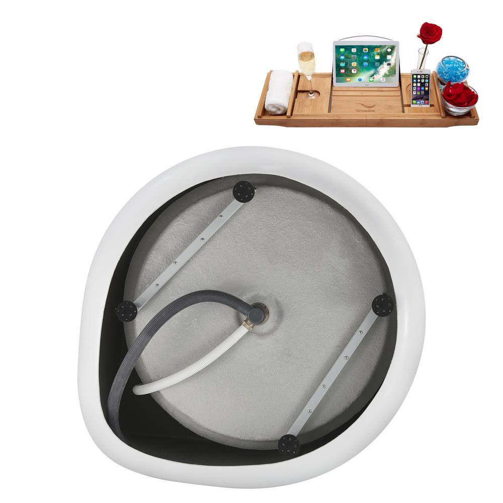 47" Glossy White Acrylic Freestanding Soaking Bathtub with Polished Chrome Drain and Bamboo Tray