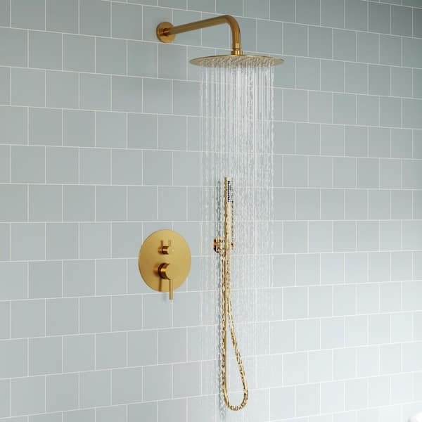 Rainspire 2-Spray 10 in. Wall Mount Round Dual Fixed and Handheld Shower Head in Brushed Gold (Valve Included)