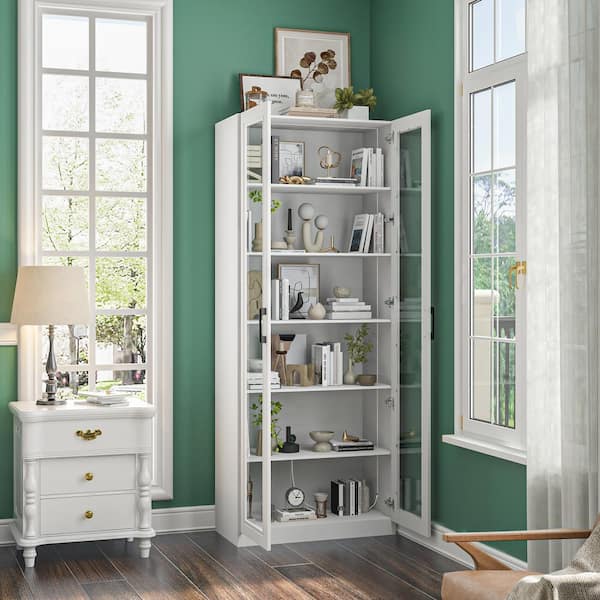 FUFU&GAGA White Wood 31.5 in. W Display Cabinet with Tempered Glass Doors and Multi-Mode Dimmable LED Lights