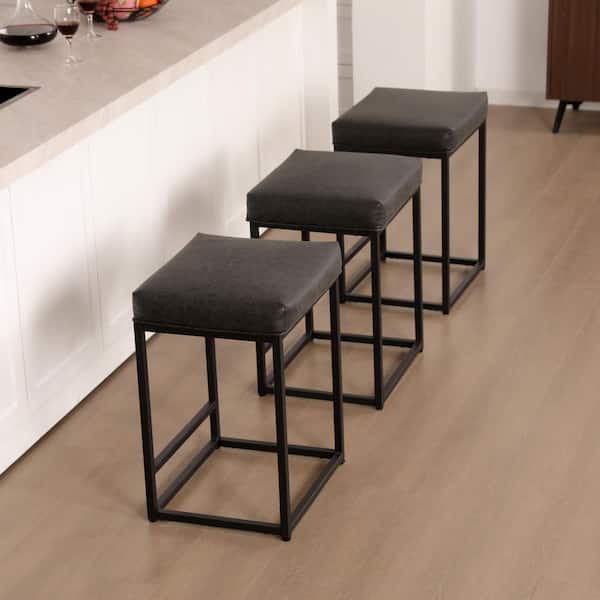 24 in. Black Faux Leather Rectangular Cushion Backless Bar Stool Metal Steel Frame Base with Footrest (Set-3)