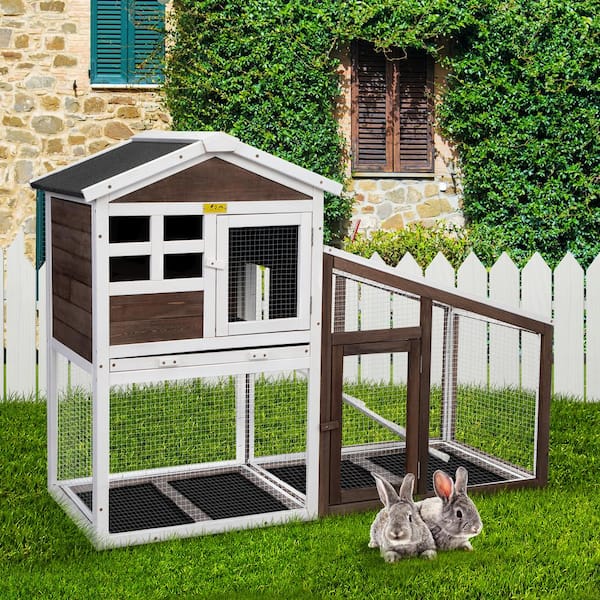Wooden Outdoor Weatherproof Bunny Hutch Rabbit Cage Pet Shelter Cartoon Style 