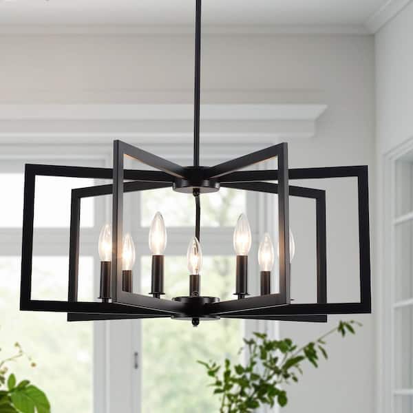 7-Light 25.6 in. Matte Black Industrial Candle-Style Square / Rectangle Lantern Chandelier for Living Room Bedroom