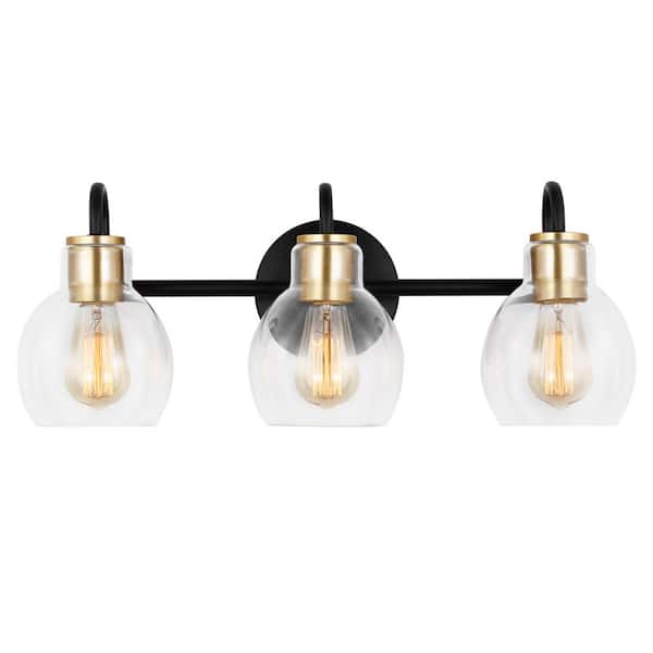 Staykiwi 22 in. 3-Light Modern Waterproof Black Vanity Light with Clear Glass Shade for Mirror Bathroom Living Room
