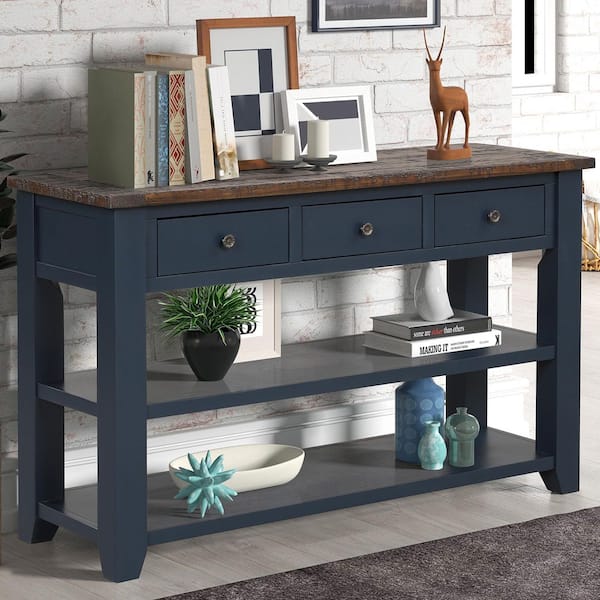 Dexter 48.82 in. Blue Rectangle Wood Console Table with 3 Storage Drawers and 2 Shelves