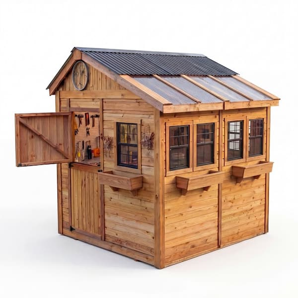 Sunshed 8 ft. W x 8 ft. D Cedar Wood Garden Shed with Metal Roof (64 sq. ft.)