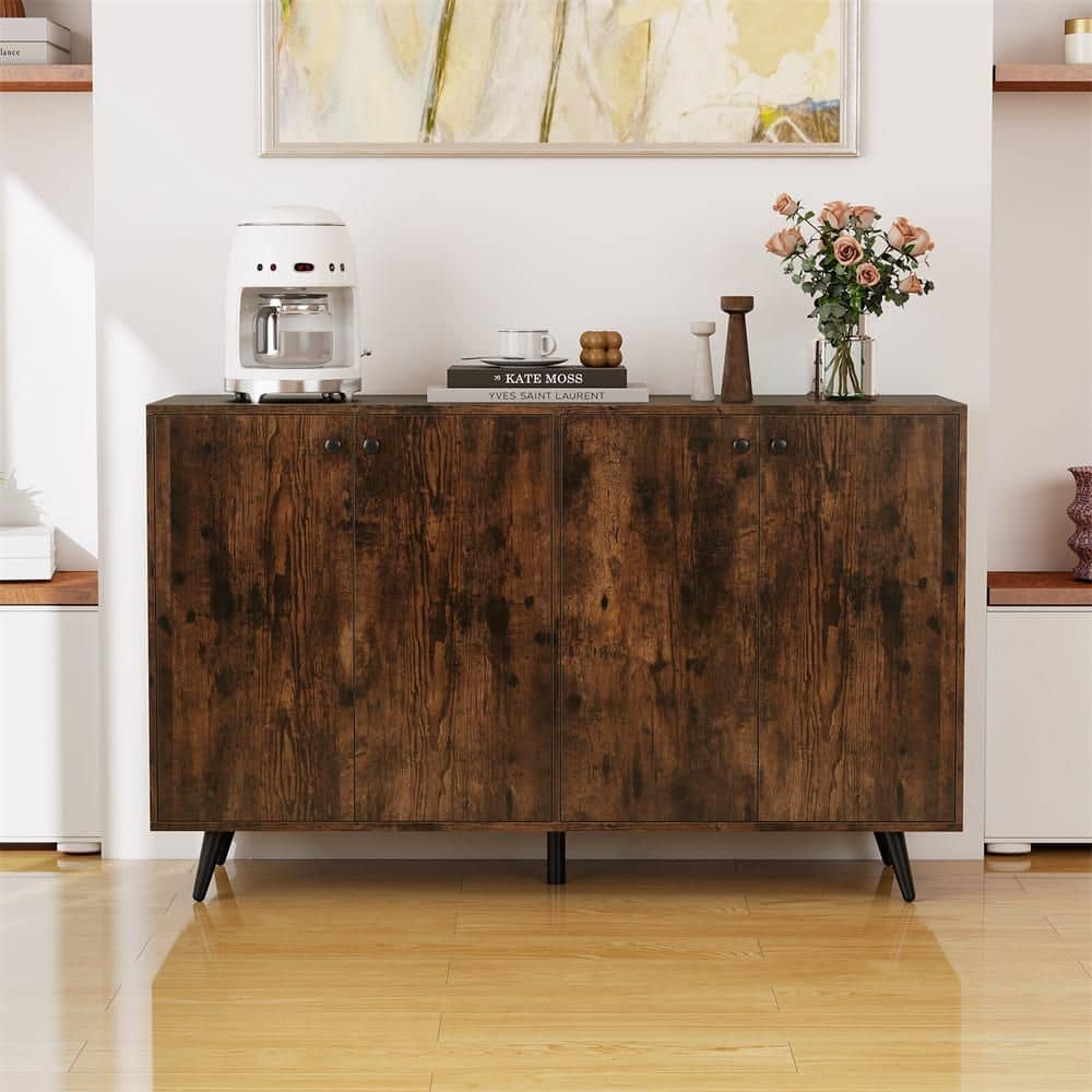 50 in. Kitchen Wood Buffet Cabinet with 4-Door and Adjustable Shelves Mid Century Modern Cupboard w/ 5 Support Leg Brown